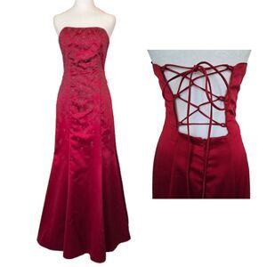 VTG 2000s Red Strapless Lace Up Prom Dress Y2K Coquette Glam Whimsigoth Hoco S/M